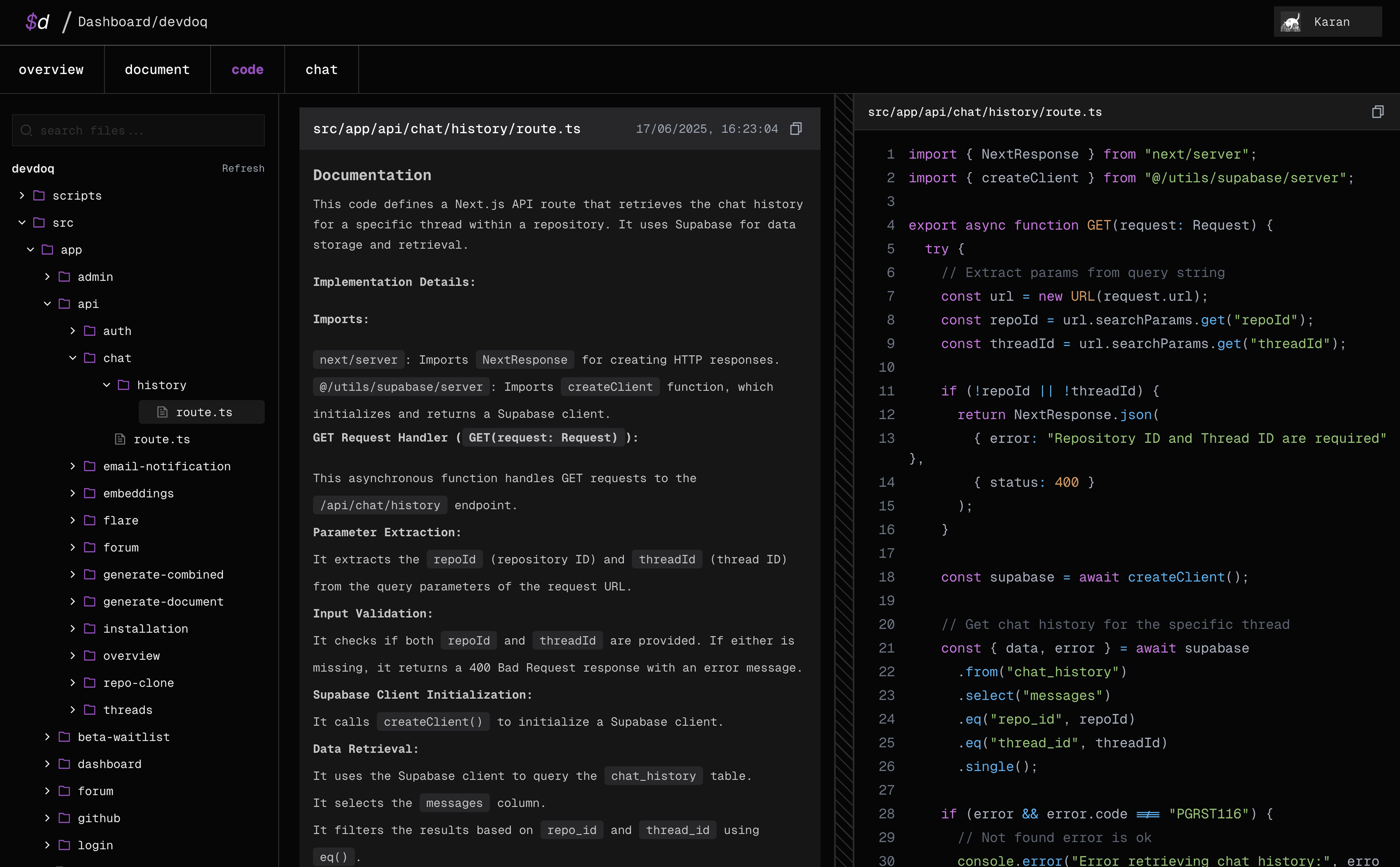 Devdoq real-time documentation generation demo showing automated code analysis and structured documentation output