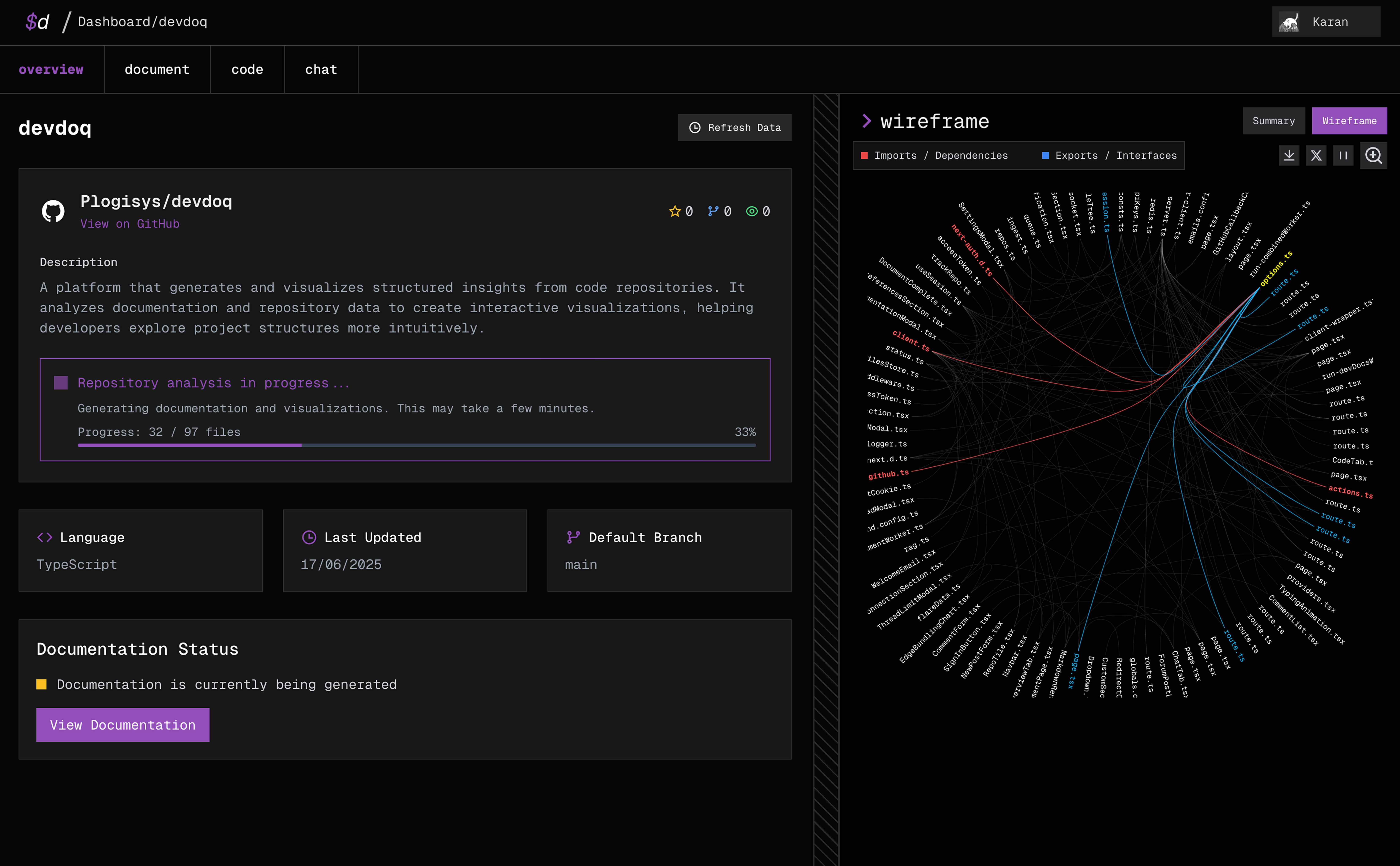 Devdoq dashboard showing automated documentation generation and code management interface